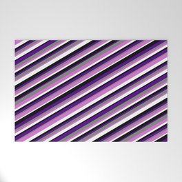 [ Thumbnail: Vibrant Gray, Orchid, White, Black & Indigo Colored Stripes/Lines Pattern Welcome Mat ]