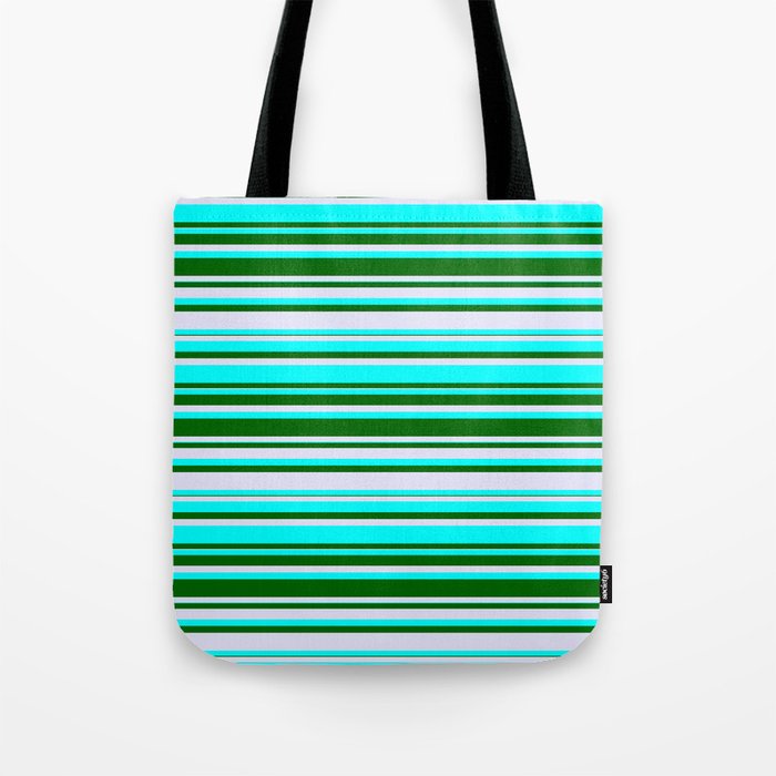 Cyan, Dark Green & Lavender Colored Lined/Striped Pattern Tote Bag