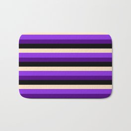 [ Thumbnail: Bisque, Purple, Indigo & Black Colored Pattern of Stripes Bath Mat ]