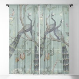A Teal of Two Birds Chinoiserie Sheer Curtain