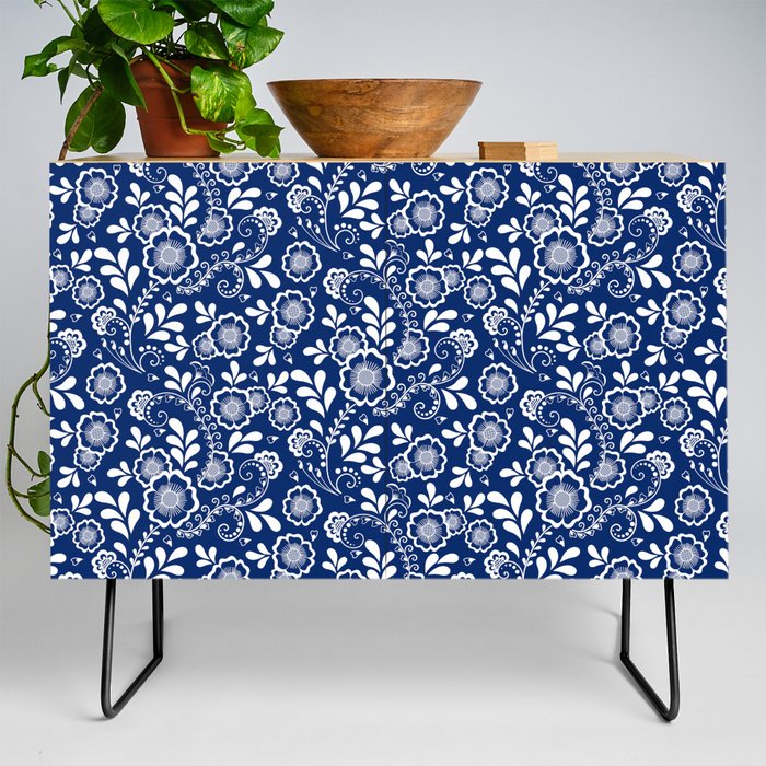 Blue And White Eastern Floral Pattern Credenza
