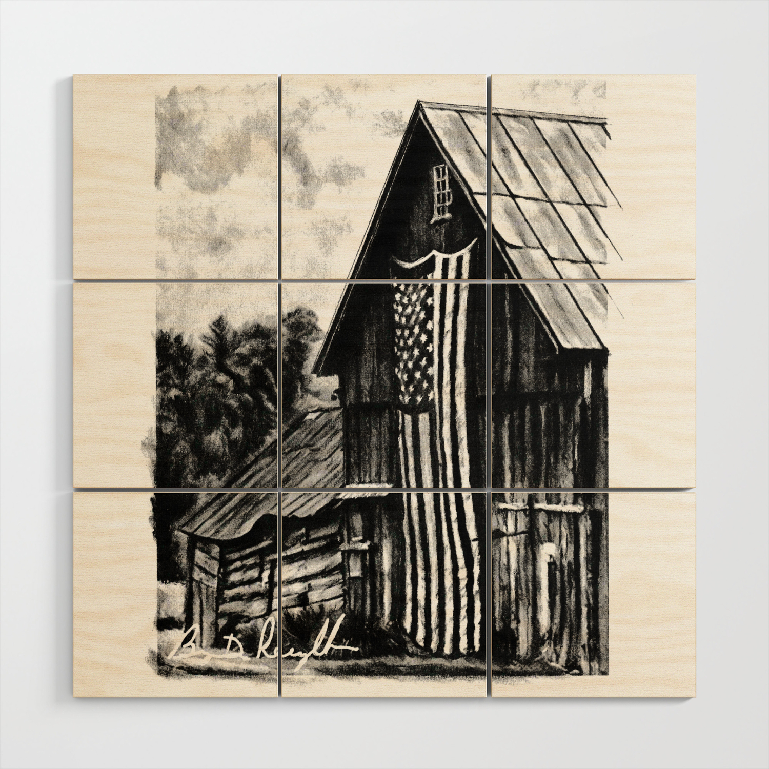 Rustic Pride Original Art Drawing Old Barn Decor American Flag