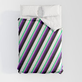 [ Thumbnail: Vibrant Green, Violet, Indigo, Black, and White Colored Striped/Lined Pattern Comforter ]