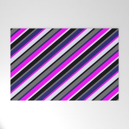 [ Thumbnail: Colorful Fuchsia, Lavender, Black, Dim Grey & Midnight Blue Colored Stripes/Lines Pattern Welcome Mat ]