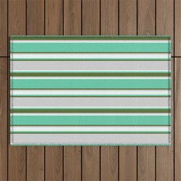 [ Thumbnail: Aquamarine, Dark Olive Green, Light Grey, and Mint Cream Colored Pattern of Stripes Outdoor Rug ]