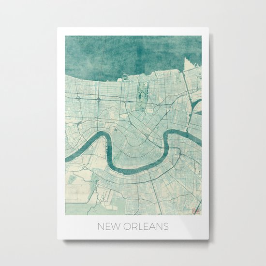New Orleans Map Blue Vintage Metal Print