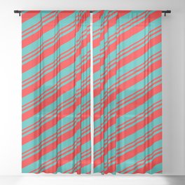 [ Thumbnail: Red and Light Sea Green Colored Stripes/Lines Pattern Sheer Curtain ]