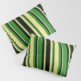 [ Thumbnail: Black, Forest Green, and Tan Colored Stripes Pattern Pillow Sham ]