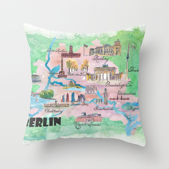 Berlin Germany Map Travel Poster Overview Best Of Typical Highlights Throw Pillow