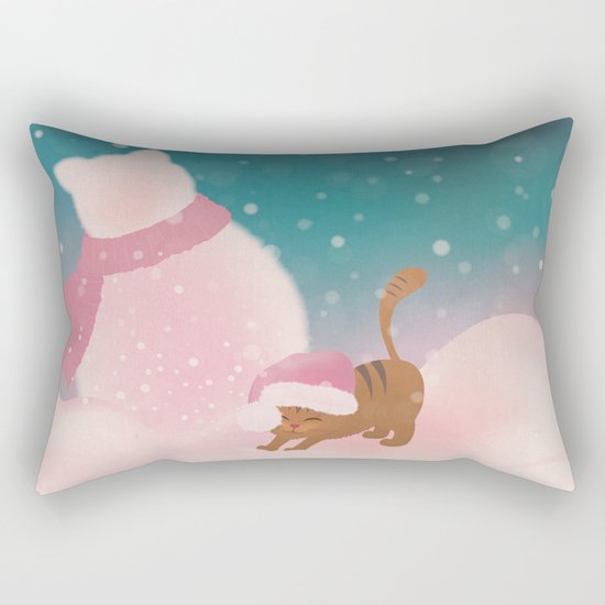 Snow Tabby Cat & Her Snowman, Indigo Snowy Background Rectangular Pillow