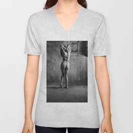 Woman nude and bound with rope in old dirty basement #0702 V Neck T Shirt