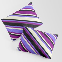 [ Thumbnail: Medium Slate Blue, Purple, Beige & Black Colored Lined Pattern Pillow Sham ]