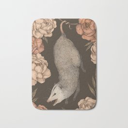 The Opossum and Peonies Bath Mat | Possum, Curated, Flower, Rose, Peony, Nature, Graphite, Digital, Drawing, Floral 