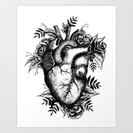 Stitched up anatomical heart Art Print | Anatomy, Flowers, Stitches, Crosshatch, Blackandwhite, Floral, Drawing, Anatomical, Linework, Heart 