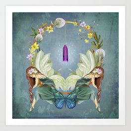 Golden Fairy Circle With Flowers And Crystals Art Print