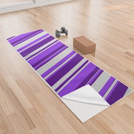 [ Thumbnail: Purple, Light Gray & Indigo Colored Stripes/Lines Pattern Yoga Towel ]