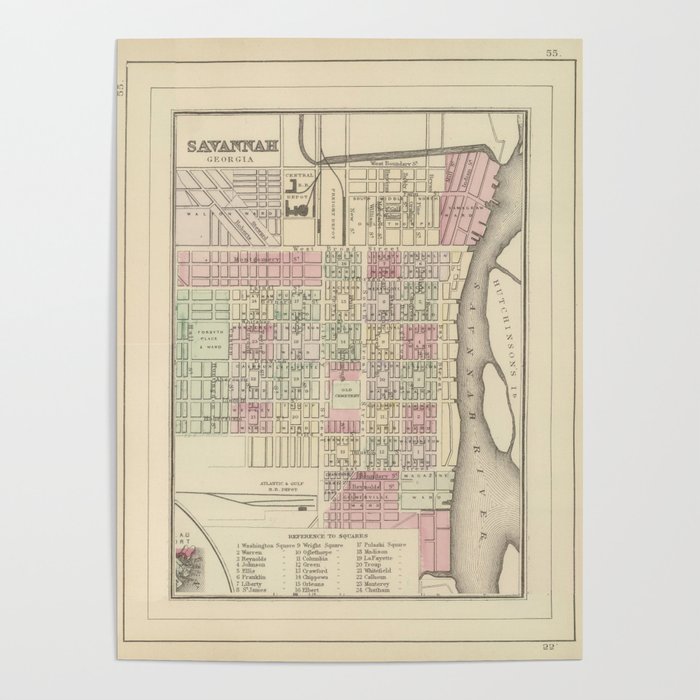 Vintage Savannah Ga Map 1884 Poster By Bravuramedia Society6