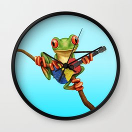 Tree Frog Playing Acoustic Guitar with Flag of Romania Wall Clock