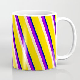 [ Thumbnail: Vibrant Green, Blue, Dark Violet, Bisque & Yellow Colored Striped Pattern Coffee Mug ]