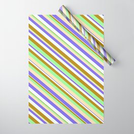 [ Thumbnail: Eye-catching Dark Goldenrod, Green, Beige, Medium Slate Blue, and Mint Cream Colored Stripes Pattern Wrapping Paper ]