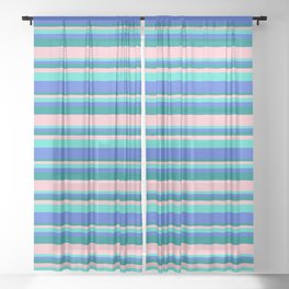 [ Thumbnail: Turquoise, Royal Blue, Dark Cyan, and Pink Colored Stripes Pattern Sheer Curtain ]