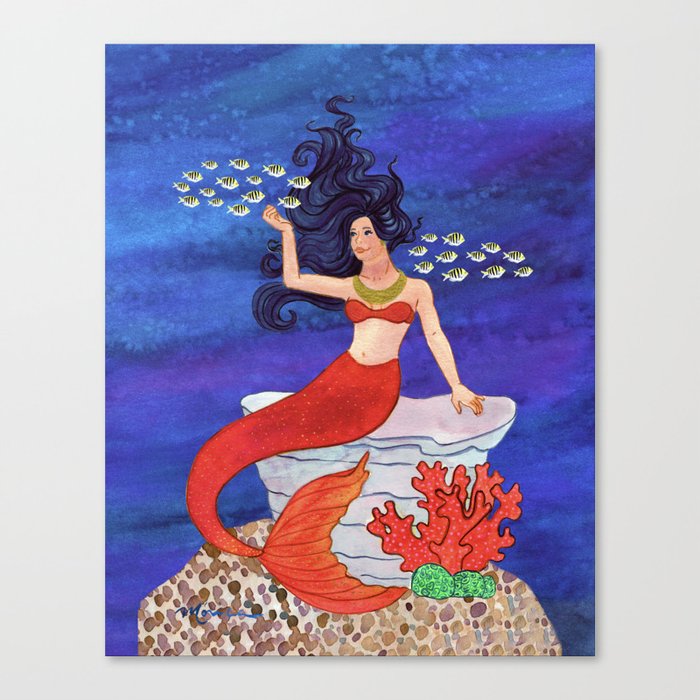 Mermaid on Coral with Shools of Fish Canvas Print