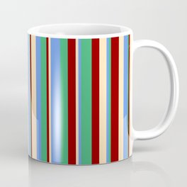 [ Thumbnail: Beige, Cornflower Blue, Sea Green, and Dark Red Colored Lines/Stripes Pattern Coffee Mug ]