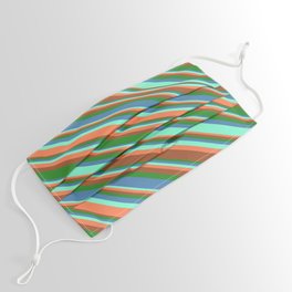 [ Thumbnail: Aquamarine, Coral, Sienna, Forest Green, and Blue Colored Lined/Striped Pattern Face Mask ]