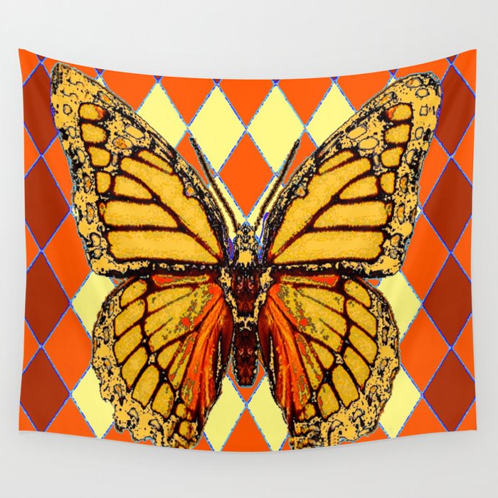 MONARCHS BUTTERFLY  &  ORANGE-BROWN HARLEQUIN PATTERN Wall Tapestry