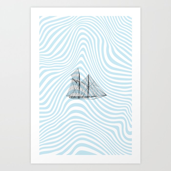 Nautical Vintage Sailing Boat Liquid Marble Blue Ocean Waves Art Print