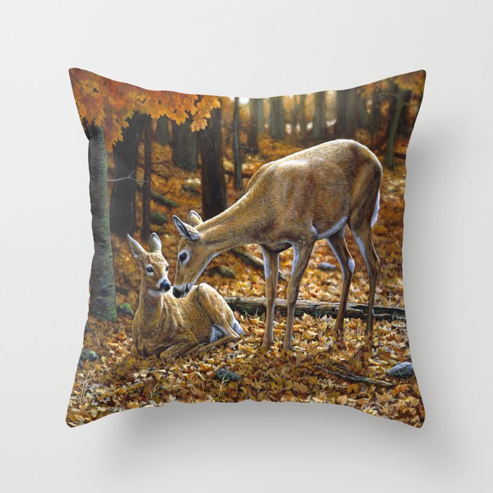 Whitetail Deer and Fawn in Autumn Throw Pillow