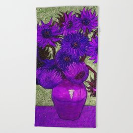 Vincent van Gogh Twelve purple sunflowers in a vase still life blue-gray background portrait painting Beach Towel