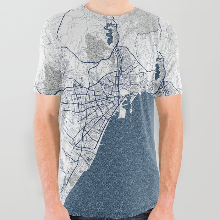 Malaga City Map of Andalusia, Spain - Coastal All Over Graphic Tee