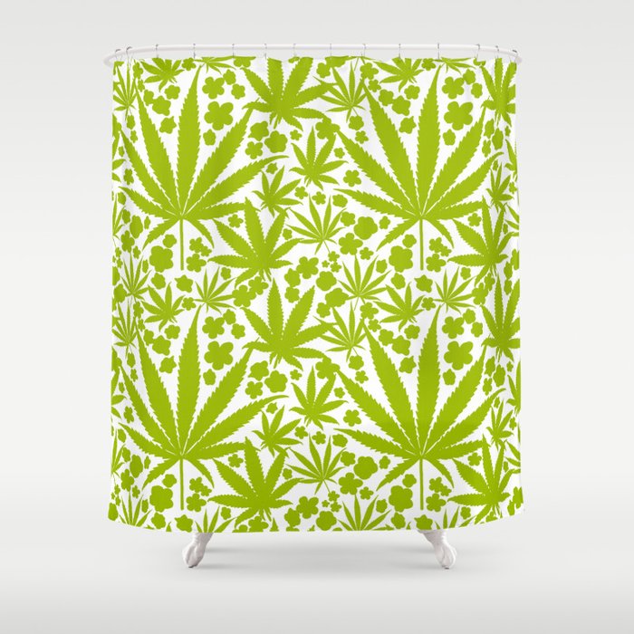 Modern Cannabis Leaves And Flowers Mossy Green On White Cottagecore Botanical Pattern Shower Curtain