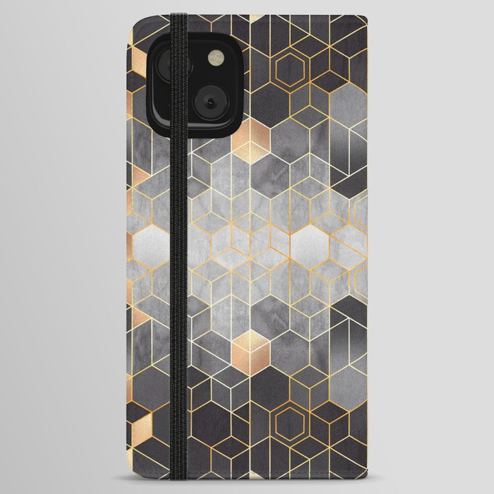 Geometric Gold + Grayscale Hexagons Modern Stylistic Pattern iPhone Wallet Case