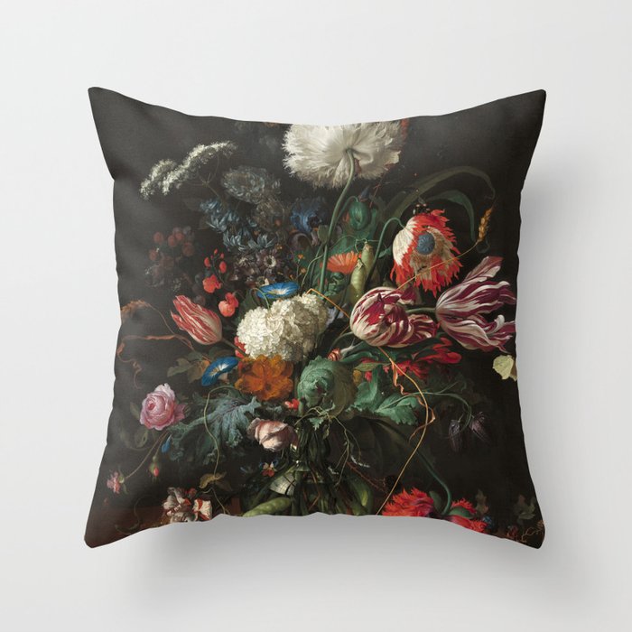 Still Life Parrot Tulips, Peonies, Hibiscus, Hydranga, Periwinkle Flowers in Vase by Jan de Heem Throw Pillow