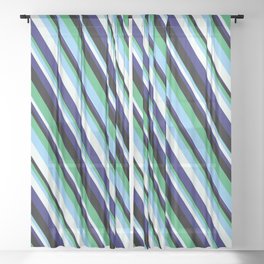 [ Thumbnail: Eye-catching Sea Green, Light Sky Blue, Mint Cream, Midnight Blue, and Black Colored Lined Pattern Sheer Curtain ]