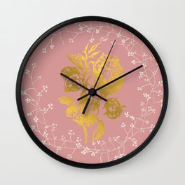 Gold Rose and White Floral Pattern on Dusty Rose Background Wall Clock