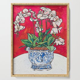 Orchid in Blue-and-white Bird Pot on Red after Matisse Serving Tray