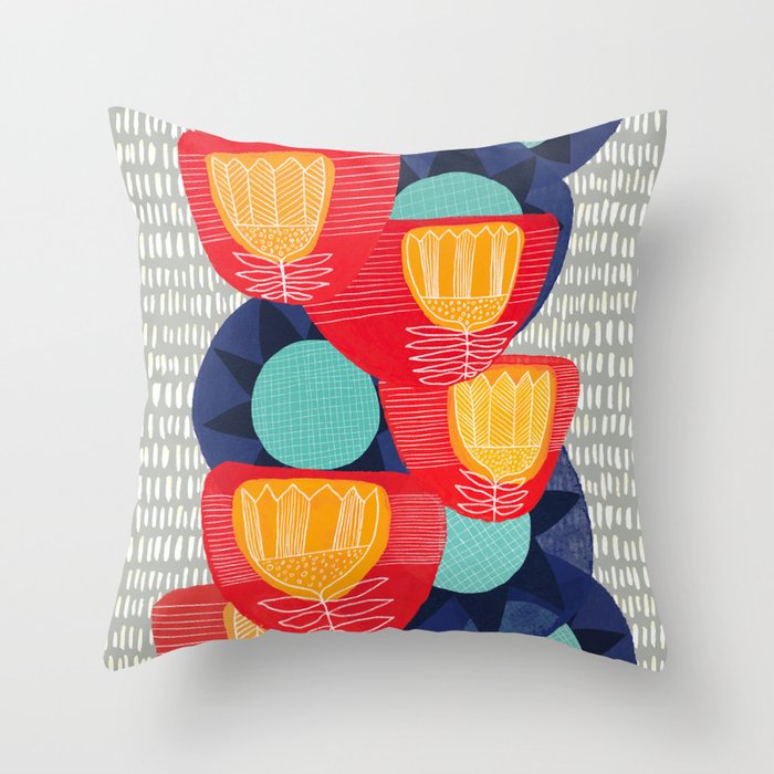 Big Flowers in Red and Blue Throw Pillow