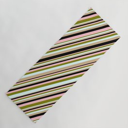 [ Thumbnail: Green, Light Cyan, Tan, Black, and Pink Colored Stripes Pattern Yoga Mat ]