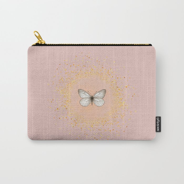 Hand-Drawn Butterfly and Gold Circle Frame on Pastel Pink Carry-All Pouch
