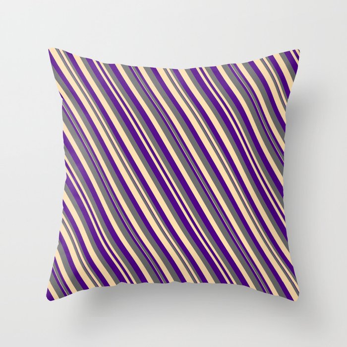 Indigo, Dim Grey, and Tan Colored Lined Pattern Throw Pillow