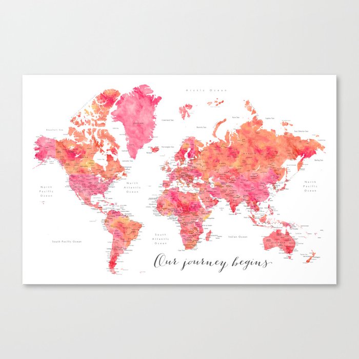 Our journey begins - World map for diy push pin map, "Tatiana" Canvas Print