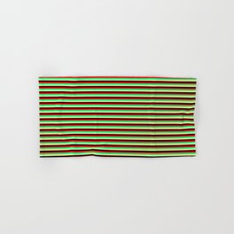 [ Thumbnail: Red, Green, Tan & Black Colored Stripes Pattern Hand & Bath Towel ]