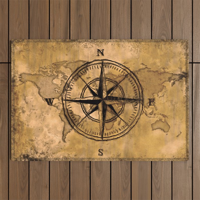 Destinations - Compass Rose and World Map Outdoor Rug