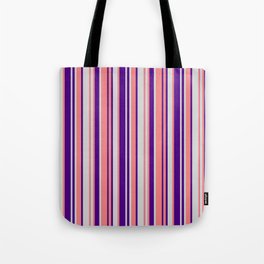 [ Thumbnail: Light Coral, Light Gray & Indigo Colored Lines Pattern Tote Bag ]