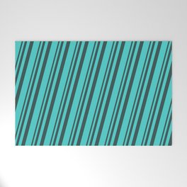 [ Thumbnail: Dark Slate Gray & Turquoise Colored Striped Pattern Welcome Mat ]
