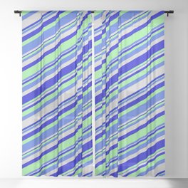 [ Thumbnail: Light Green, Royal Blue, Light Grey, and Blue Colored Lines Pattern Sheer Curtain ]
