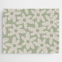 Daisy Time Retro Floral Pattern in Sage Green and Beige Jigsaw Puzzle